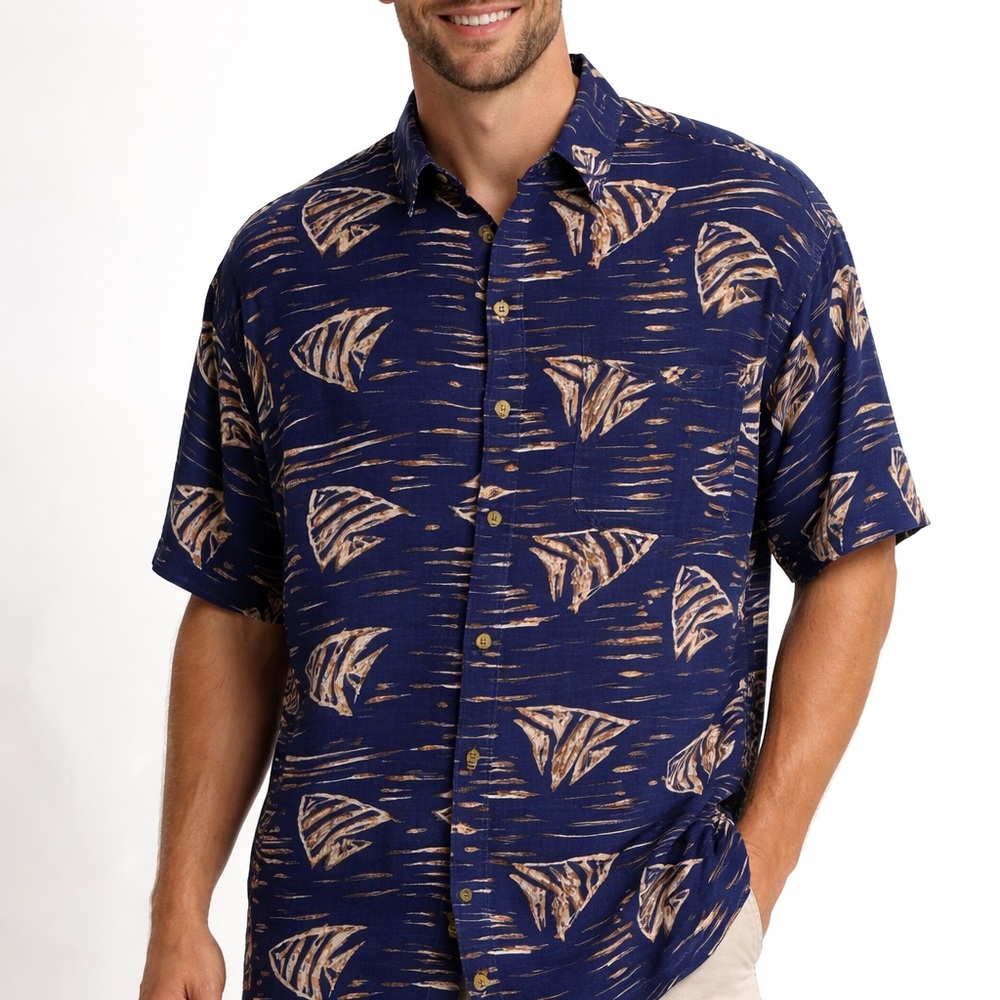Vintage‎ Pineapple Moon Hawaiin Shirt XL Blue Fish Print Rayon Made In Pakistan
